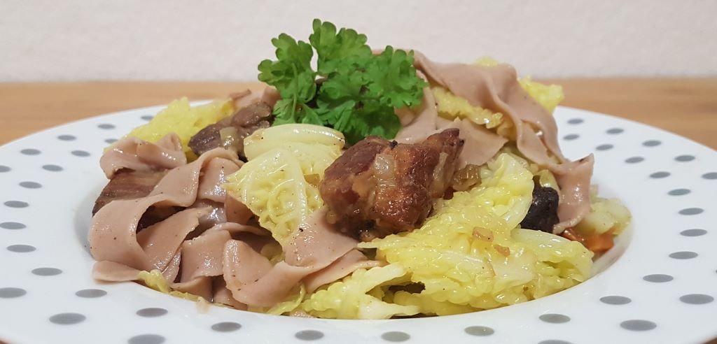 Homemade Chestnut Pasta with Pork and Cabbage