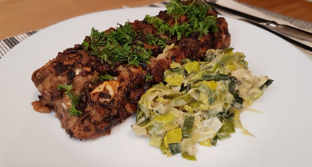 Roasted Onion Meatloaf with Leek Cream Stuffing